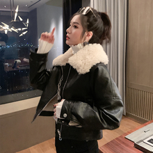 复古港bi秋冬加绒皮la机车外套女短式2019羊羔毛领加厚夹克潮