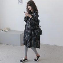 孕妇春bj连衣裙长袖nq孕纯棉中长式休闲春秋格子衬衫开衫外套