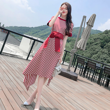 气质长bm2020夏kj韩款显瘦高腰智熏裙短袖法式条纹连衣裙女夏