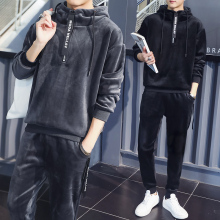 金丝绒bm衣套装男冬kj加厚连帽外套青少年修身运动服潮两件套
