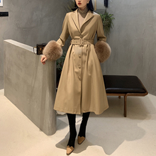 WANbuXO中长式d4真狐狸毛袖套PU皮衣女士收腰宽松赫本风风衣