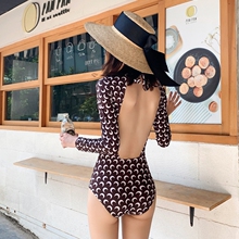 VANcaIGA(小)清bx风长袖防晒连体泳衣度假温泉游泳衣女