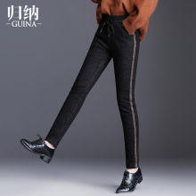 牛仔棉ch女加绒加厚ni9冬新式休闲侧条纹加厚铅笔裤保暖羊毛裤