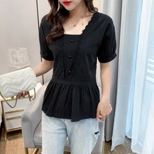 加肥加cq码女装蕾丝tg衫女夏装胖妹妹收腰显瘦短袖上衣打底衫