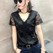 欧洲站cq式性感V领tg丝衫女显瘦绸缎上衣蕾丝美背打底衫