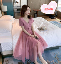 冰丝针cx拼接网纱裙cl韩款收腰显瘦v领后系带飘逸仙女连衣裙