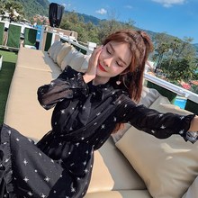 春秋新cx长袖收腰过sh式雪纺连衣裙气质显瘦时尚碎花连衣裙女
