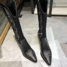 欧美1cx秋冬新式牛bw模特肯豆同式刺绣尖头粗跟长靴真皮女鞋靴