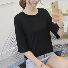 莫代尔cz恤女半袖夏fx色圆领木代尔五分袖黑色体恤打底衫上衣