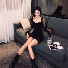 丽哥潮cz性感抹胸吊py裙女修身拼接网纱长袖赫本打底(小)黑裙短