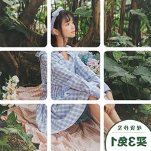 布衣酱da创设计20mo装新式日系森女系浅蓝色格子连衣裙女长袖