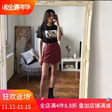 欧美新da红色格子裙mo色显瘦高腰A字半身裙吊链开叉chic短裙