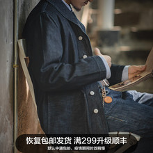 马登工da 美式圆领ci宁夹克阿美咔叽vintage蓝色牛仔外套男士