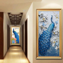 中式立da油画玄关装zu款北欧走廊过道挂画客厅壁画蓝孔雀包邮