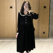 孕妇装da季韩款娃娃cu绒显瘦气质(小)香风中长式时尚辣妈连衣裙