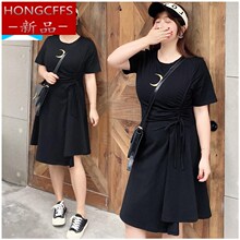 202da夏装新品韩si(小)黑裙大码连衣裙抽褶洋气显瘦女