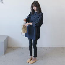 孕妇衬da春装中长式de色上衣纯棉哺乳长袖孕妇衬衣职业装春秋