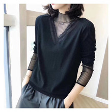 欧洲站di020秋冬zi纱蕾丝拼接半高领超细羊毛打底针织衫女上衣