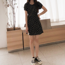(小)雏菊dp腰雪纺黑色uw衣裙女夏(小)清新复古短裙子夏装