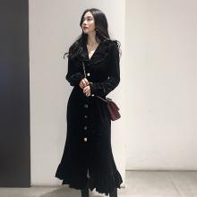 名媛黑dp法式长裙显yy复古金女秋冬长袖收腰裙子