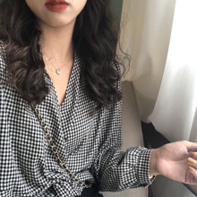 馨帮帮du款高腰韩款ci白古港味短式夏季薄式格子衬衫上衣女