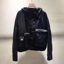 欧洲站dz货意大利制kj新式时尚英伦风连帽风衣外套女真皮拼接