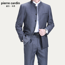 正品皮ee卡丹套装男yu立领中老年西服免烫式礼服爸爸装