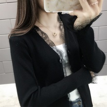 网红外ep女2020px春秋洋气上衣外搭长袖蕾丝花边短式针织开衫
