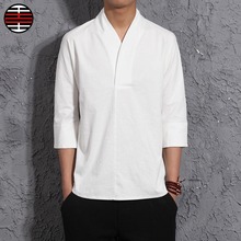 大码中ep风复古男装px恤亚麻夏季七分袖亚麻汉服夏装茶服禅衣