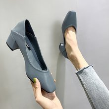 14两er单鞋202an新式女鞋潮鞋中跟粗跟高跟鞋方头奶奶鞋女浅口