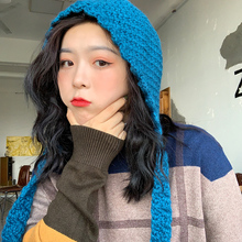 手工编ev系带纯色女lg保暖毛线帽护耳帽百搭绑带针织帽