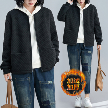 冬装女fa019新式mo码加绒加厚菱格棉衣宽松棒球领拉链短外套潮