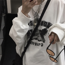 情侣卫fa春秋薄式iif通印花宽松bf风圆领套头长袖白色上衣女潮