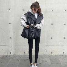 202fb秋冬韩款拼cb机车女宽松学生皮衣外套加厚棉休闲皮夹克女