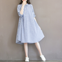 202fc春夏宽松大pw文艺(小)清新条纹棉麻连衣裙学生中长式衬衫裙