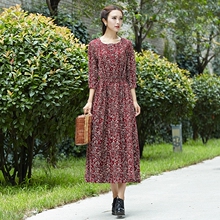 202fe春秋复古文ai灯芯绒碎花宽松七分袖圆领抽带长裙女