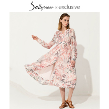 SELftYNEARjc裙夏薄式时尚粉蜡色印花长袖防晒外出哺乳连衣裙