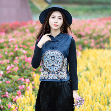 春秋新fw女装民族风gs式盘扣 弹力绸缎绣花马甲