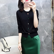 透气~ga钻扣~长袖en!璟家软糯外搭黑色羊毛针织开衫毛衣女士