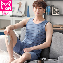 猫的睡gf男夏纯棉背ky短裤家居服夏薄式莫代尔运动可外穿套装