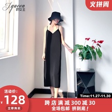 黑色吊gj连衣裙女夏dg轻熟风chic雪纺V领内搭背心裙度假长裙