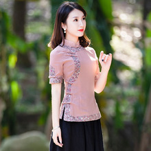 棉麻上go女唐装中国er风改良短袖古装汉服套装两件套女装夏