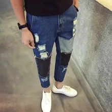 新品潮gu个性乞丐牛nv生带图案修身(小)脚补丁有洞裤子非主流