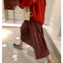 落落狷gu高腰修身百nv雅中长式春季红色格子半身裙女春秋裙子