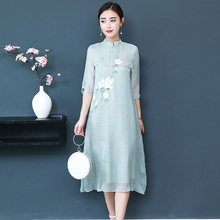 禅意茶gz民族中国风dp良旗袍连衣裙文艺宽松茶艺师服装女春夏