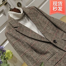 格子一ha扣浅咖色女si秋装新式休闲显瘦气质女士长袖短式西服
