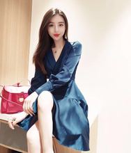 名媛真ho缎翻v领不vj叶裙摆系带冷淡风优雅女神连衣裙内搭