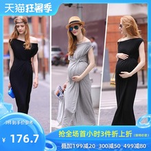 孕妇莫ho尔连衣裙时nk新式潮妈露肩弹力修身长式气质裙子女
