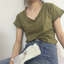 muzhu定制 橄榄ao柔白/浅米灰/黑 的手一件的纯棉短袖V领T恤女