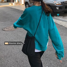 202hu韩款秋装基ou纯色圆领套头卫衣女学生休闲长袖外套上衣